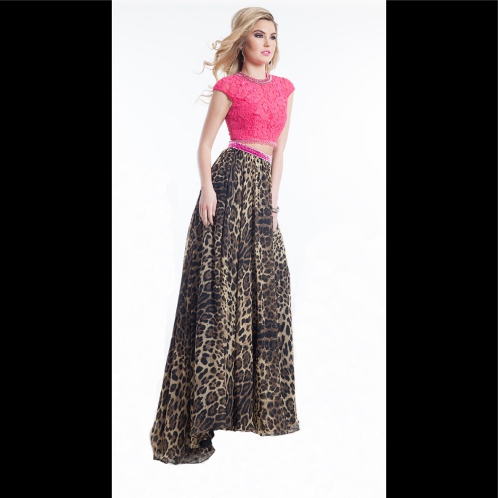 Rachel Allan Pink and Leopard Print Prom Dress